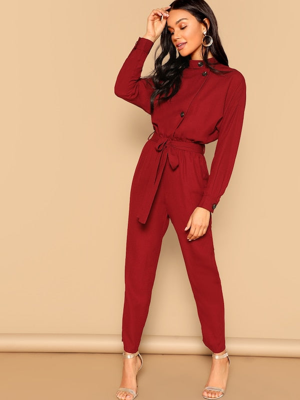 Drop Shoulder Button Front Self Belted Jumpsuit