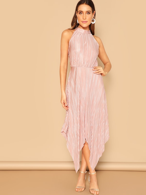 Hanky Hem Keyhole Back Pleated Halter Dress