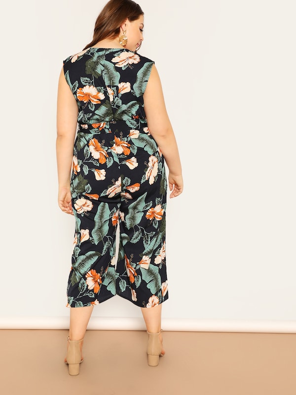 Plus Size Jungle Leaf Print Surplice Shell Jumpsuit