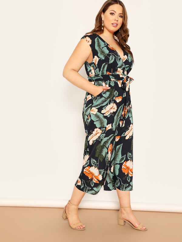 Plus Size Jungle Leaf Print Surplice Shell Jumpsuit