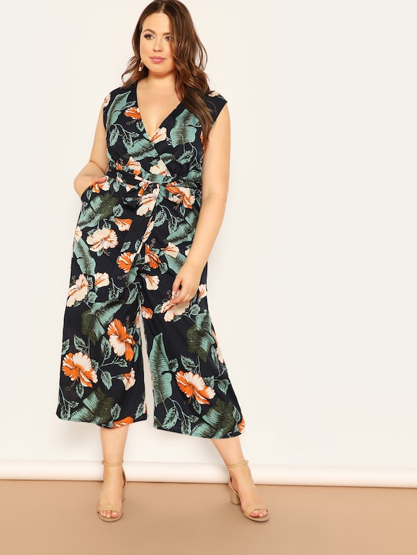 Plus Size Jungle Leaf Print Surplice Shell Jumpsuit