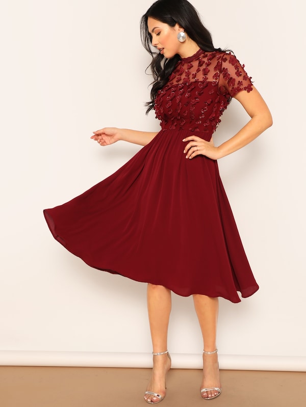 Flower Applique Mesh Top Flowy Dress