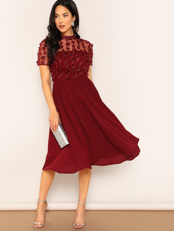 Flower Applique Mesh Top Flowy Dress