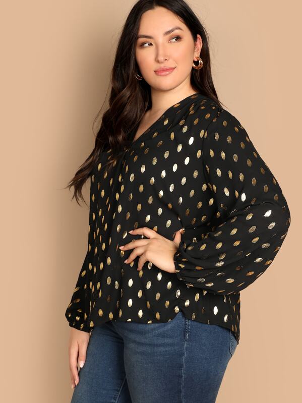 Plus V Neck Polka-Dot Print Top