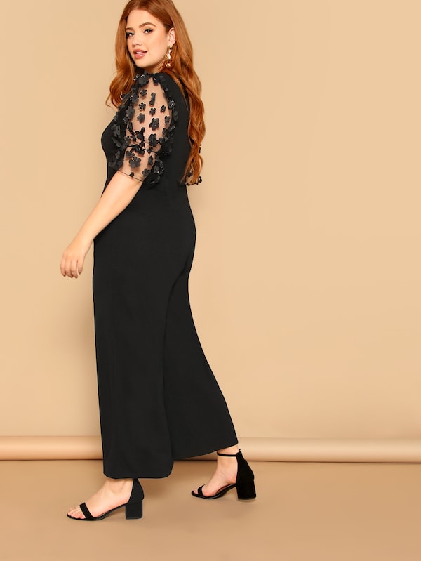 Plus Size Applique Mesh Sleeve Palazzo Leg Jumpsuit