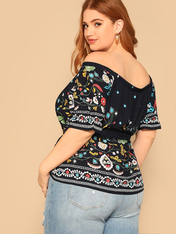 Plus Off Shoulder Botanical Blouse