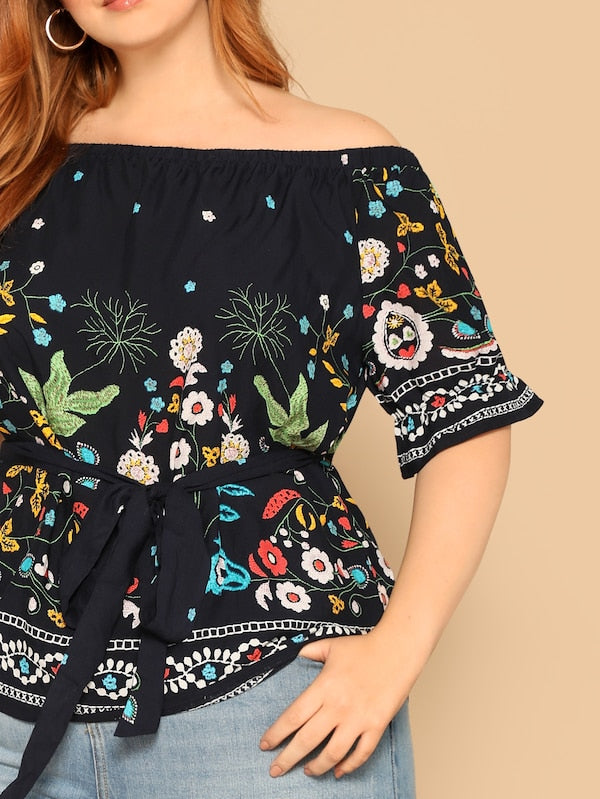 Plus Off Shoulder Botanical Blouse