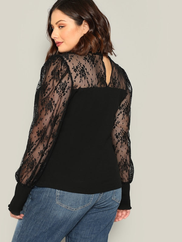 Plus Frill Mock Neck Lace Sheer Sleeve Top