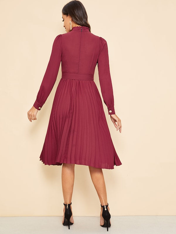 Side Button Buckle Belt Pleated Dress