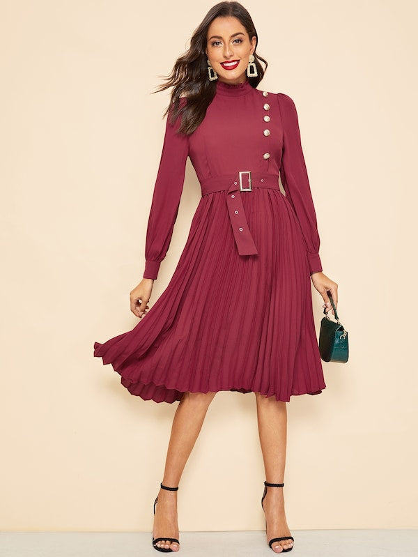 Side Button Buckle Belt Pleated Dress