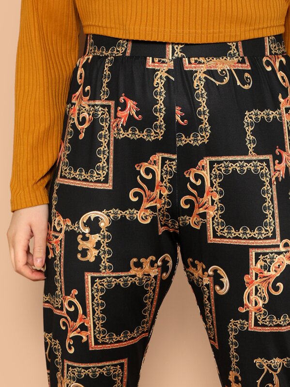 Plus High Waist Scarf Print Trousers