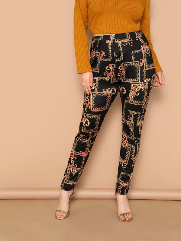 Plus High Waist Scarf Print Trousers