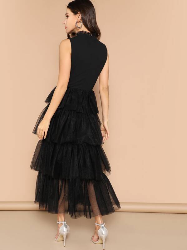 Mixed Media Layered Mesh Ruffle Dress