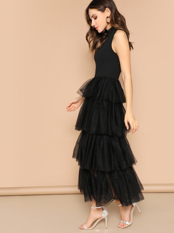 Mixed Media Layered Mesh Ruffle Dress