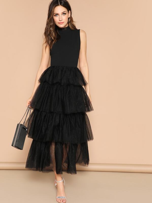 Mixed Media Layered Mesh Ruffle Dress