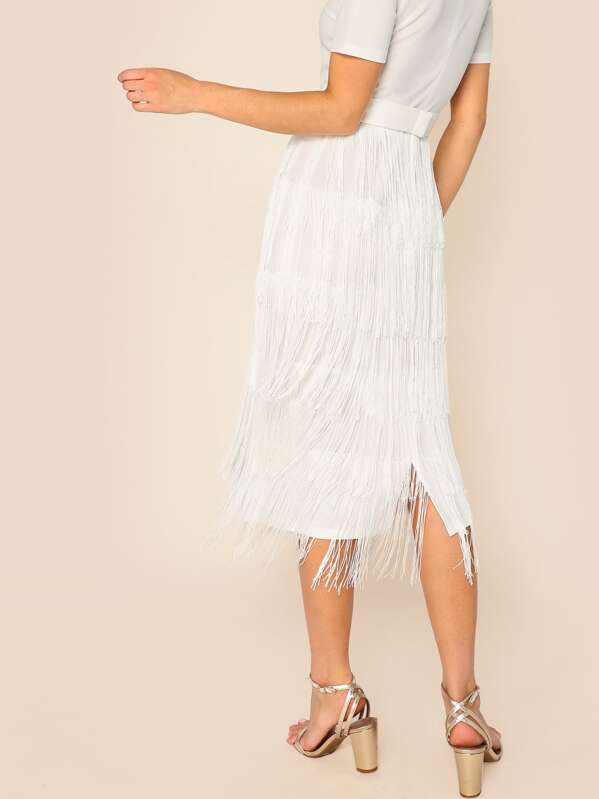 Layered Fringe Split Dress With Buckle Belt