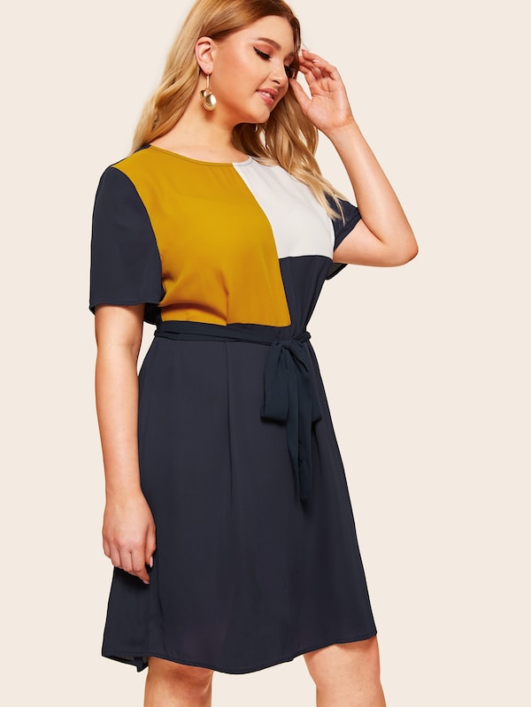 Plus Size Waist Belted Color Block Dress