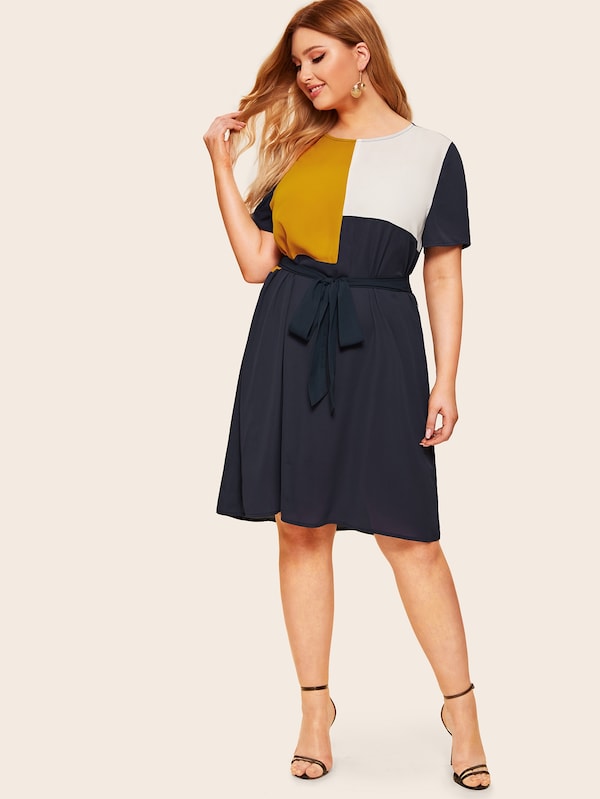 Plus Size Waist Belted Color Block Dress