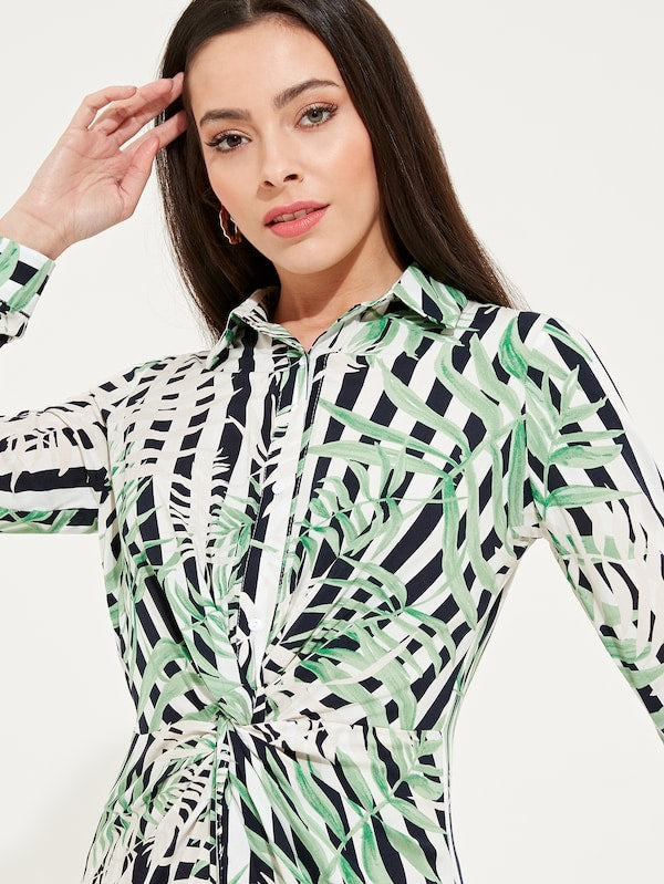 Knot Front Striped Leaf Print Shirt Dress