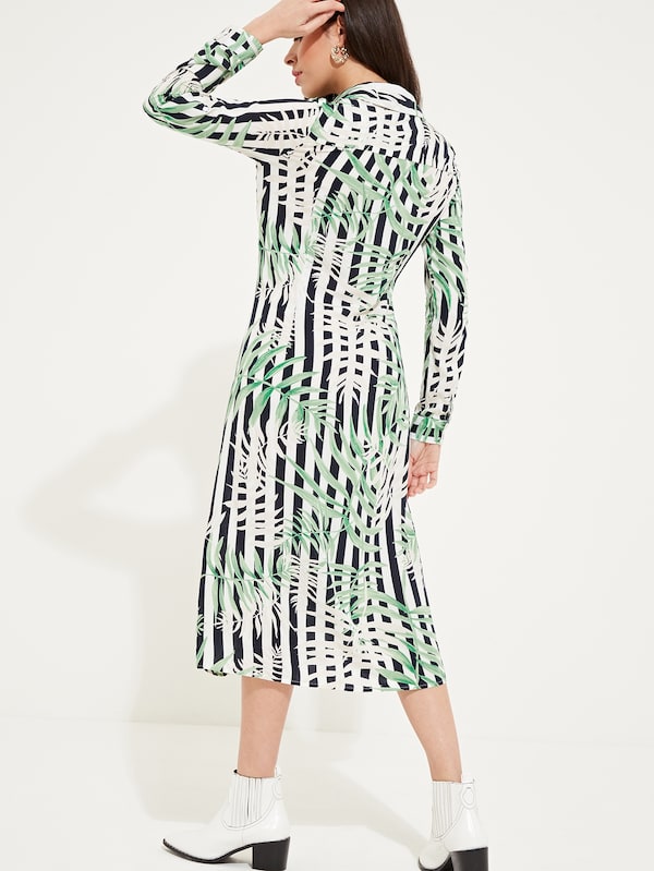 Knot Front Striped Leaf Print Shirt Dress