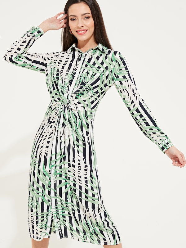 Knot Front Striped Leaf Print Shirt Dress