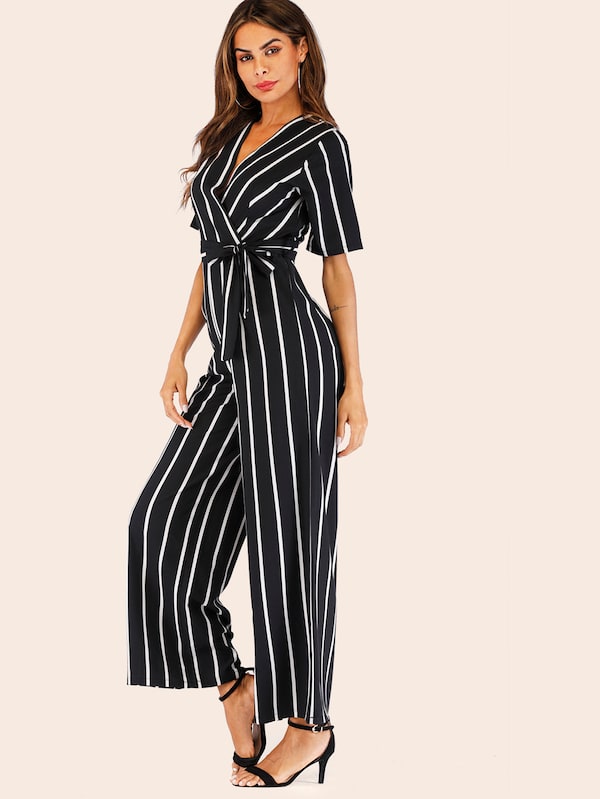 Surplice Striped Belted Jumpsuit
