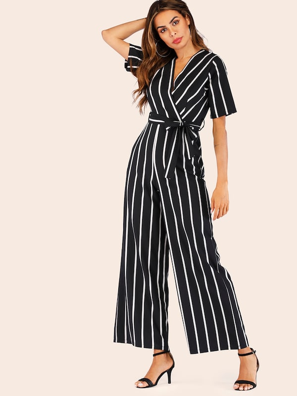 Surplice Striped Belted Jumpsuit
