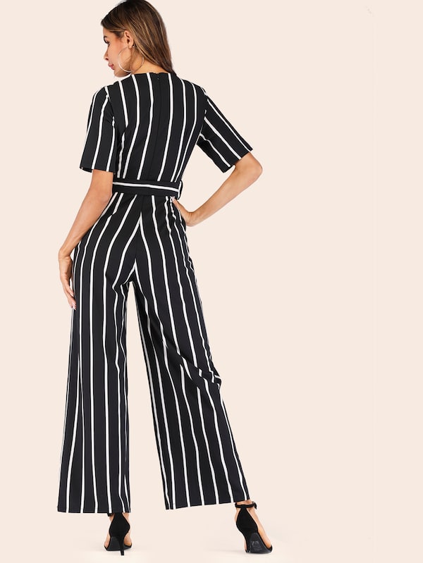 Surplice Striped Belted Jumpsuit