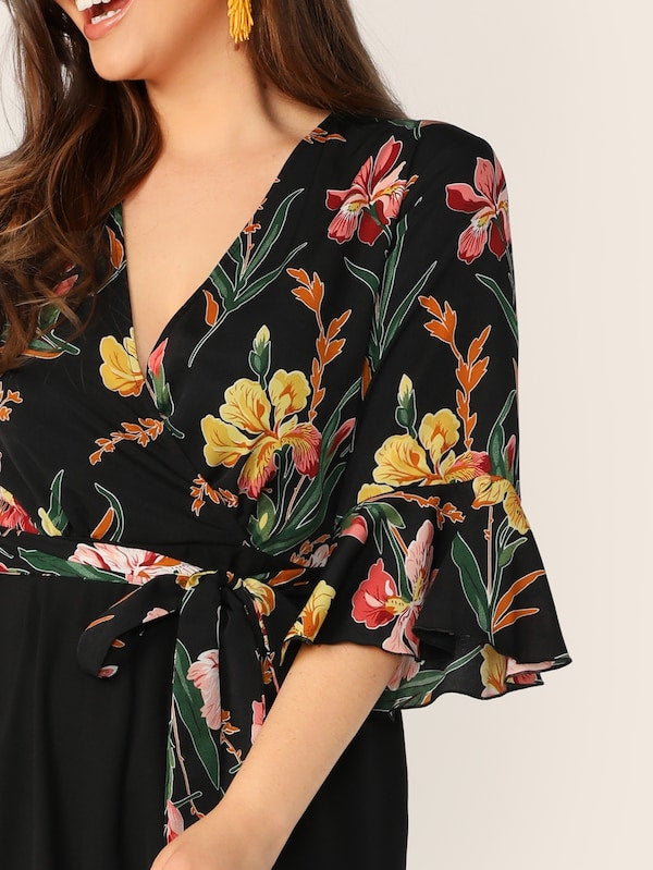 Plus Wrap Self Belted Botanical Palazzo Jumpsuit