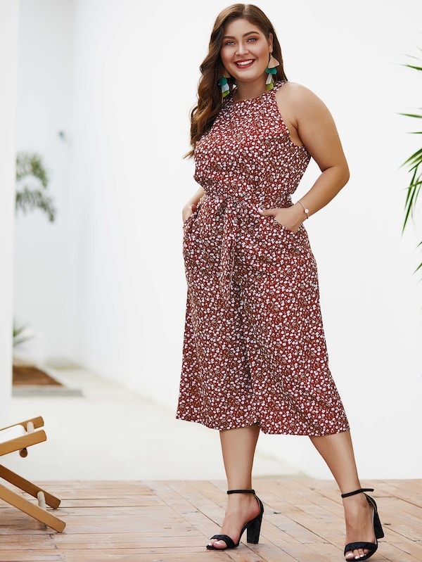 Plus Wide Leg Ditsy Floral Jumpsuit