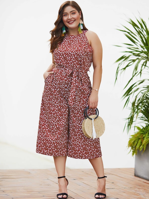 Plus Wide Leg Ditsy Floral Jumpsuit