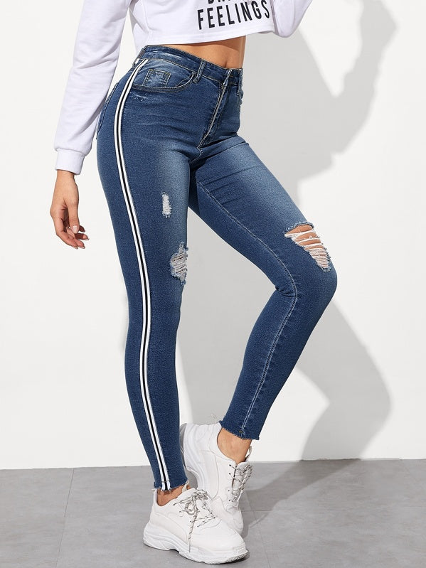 Tuxedo Stripe Side Ripped Jeggings
