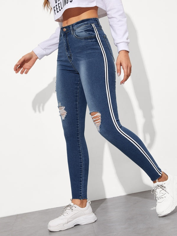 Tuxedo Stripe Side Ripped Jeggings