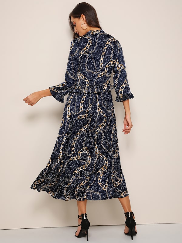 Button Front Ruffle Trim Chain & Polka Dot Print Dress