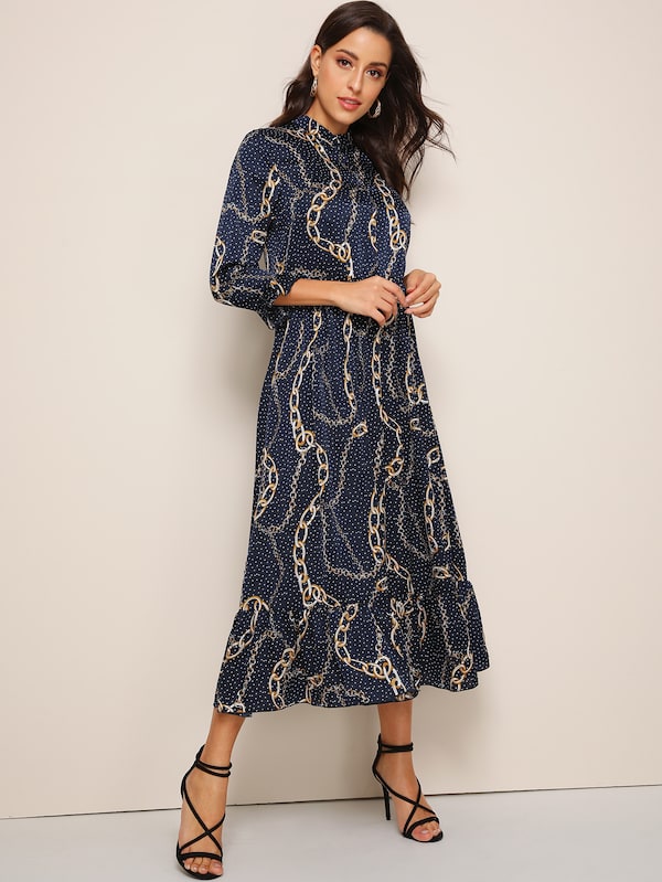 Button Front Ruffle Trim Chain & Polka Dot Print Dress