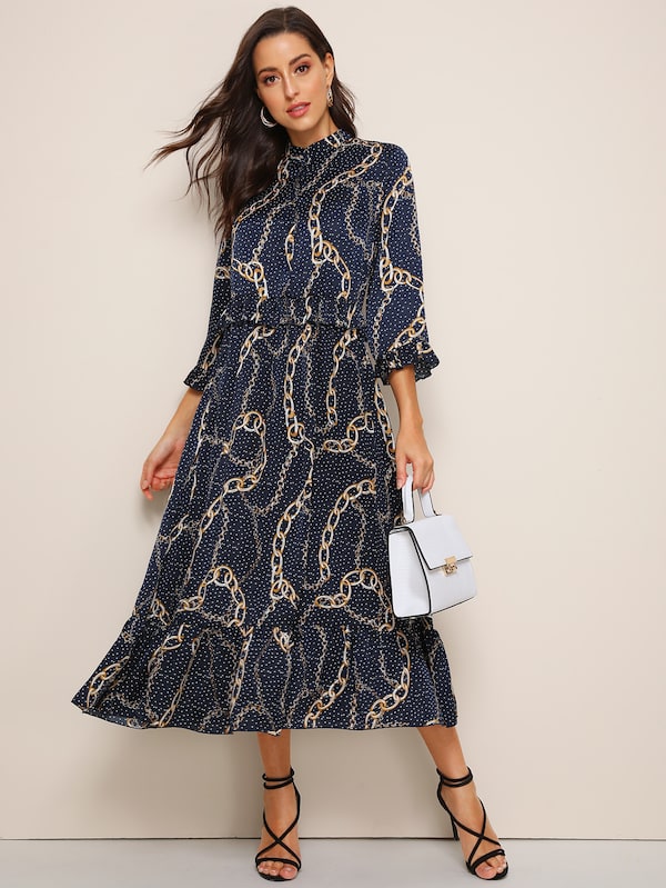 Button Front Ruffle Trim Chain & Polka Dot Print Dress