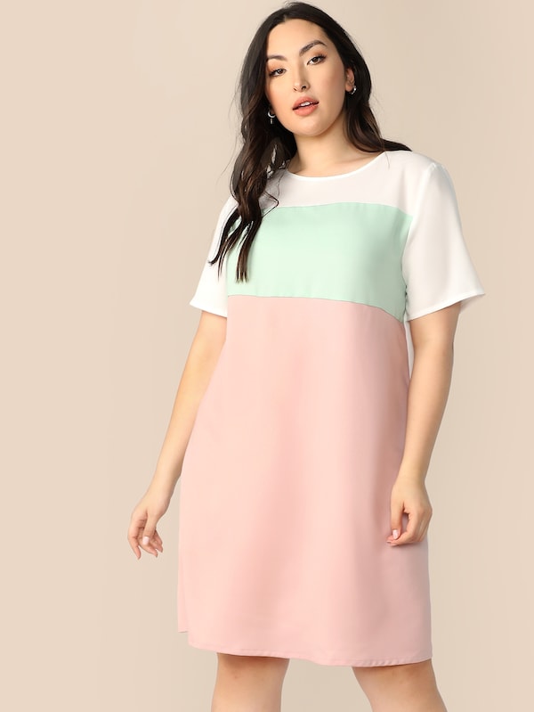 Plus Size Keyhole Back Color-Block Tunic Dress