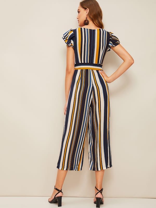 Layered Ruffle Sleeve Wide Leg Striped Jumpsuit