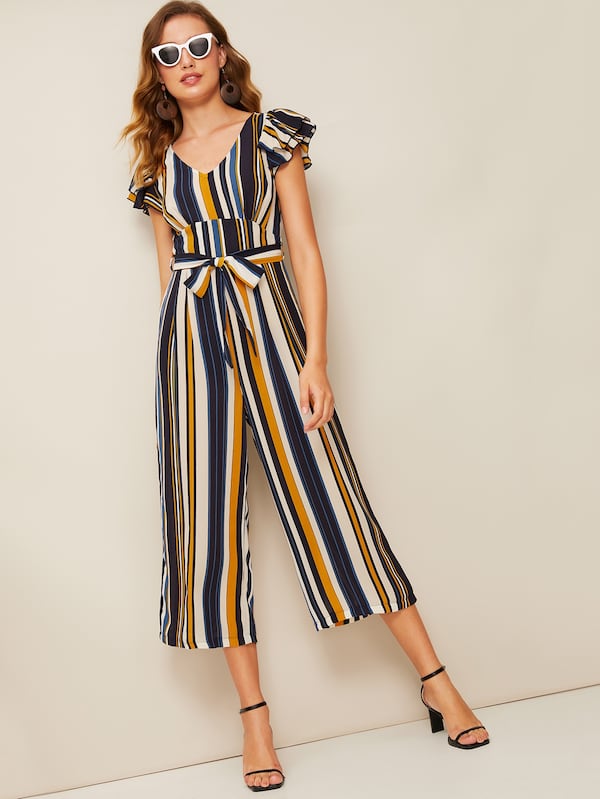 Layered Ruffle Sleeve Wide Leg Striped Jumpsuit