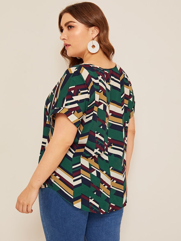 Plus Cuff Sleeve Striped Curved Hem Top