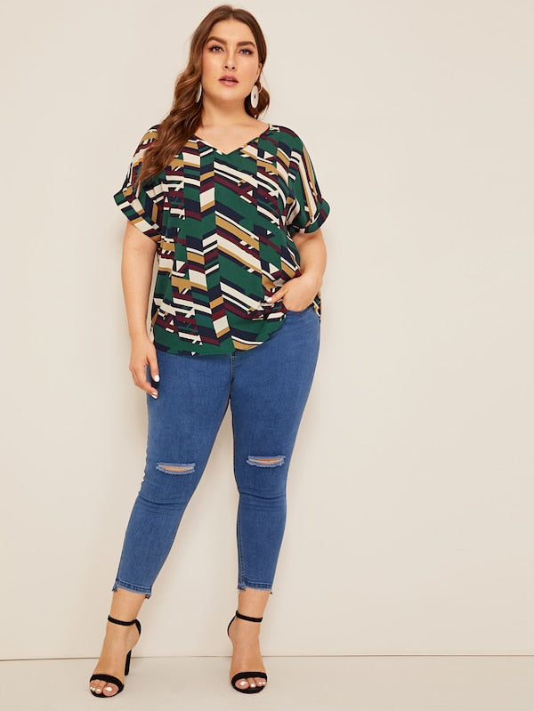 Plus Cuff Sleeve Striped Curved Hem Top