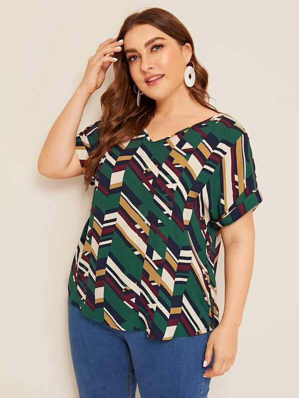Plus Cuff Sleeve Striped Curved Hem Top