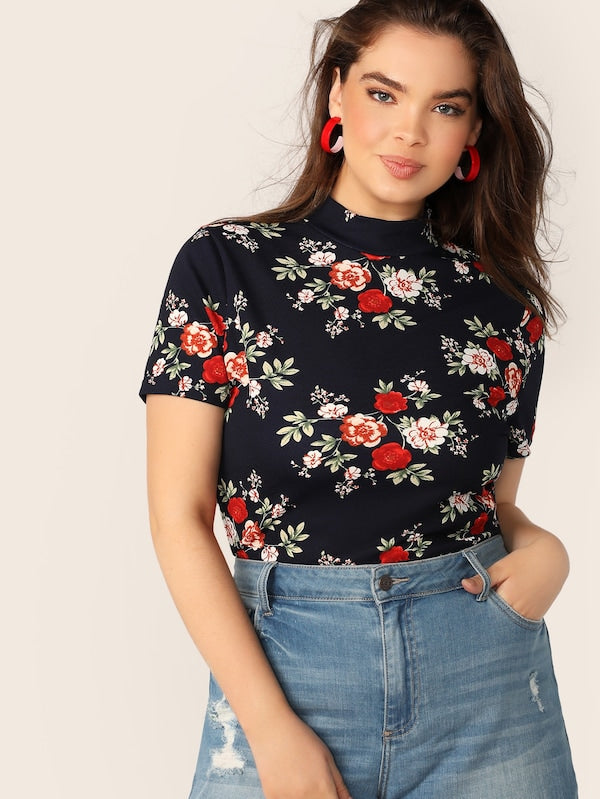 Plus Mock-Neck Floral Print Top