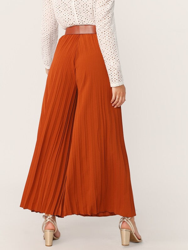 Pleated Wide Leg Pants With Pearl Buckle Belt