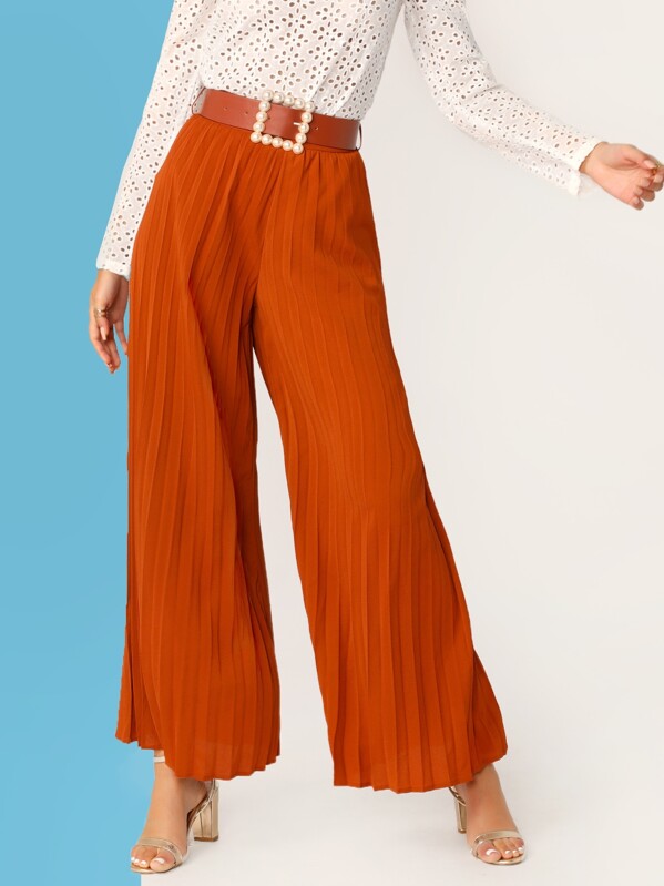 Pleated Wide Leg Pants With Pearl Buckle Belt