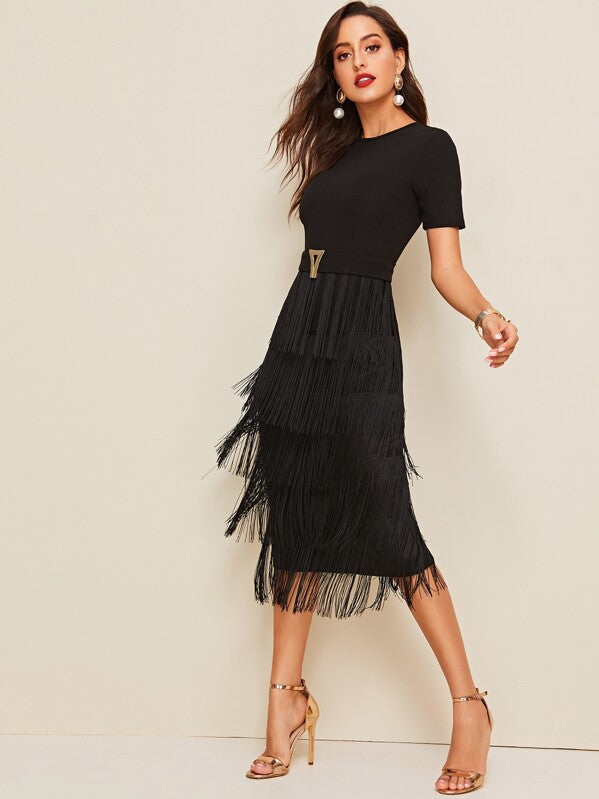 Metal Button Detail Layered Fringe Pencil Dress