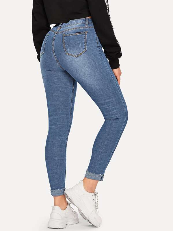 Roll Hem Ripped Skinny Ankle Jeans