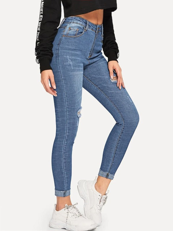 Roll Hem Ripped Skinny Ankle Jeans