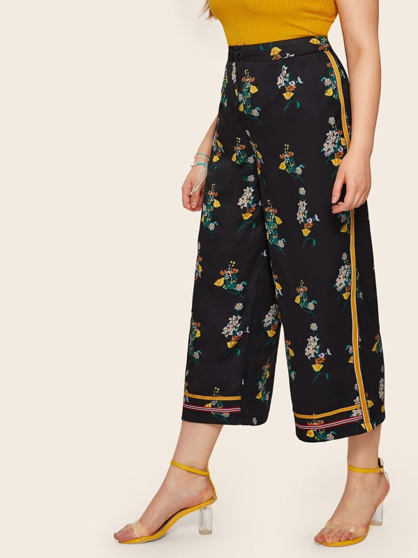 Plus Wide Leg Floral Print Trousers
