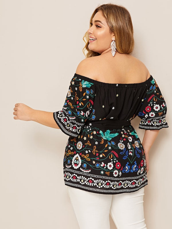 Plus Flower Print Belted Bardot Top